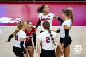 Nebraska Cornhuskers celebrates a kill against the Wright State Raiders in the third set during a college volleyball match on Friday, September 5, 2025 in Lincoln, NE. Photo by John S. Peterson.