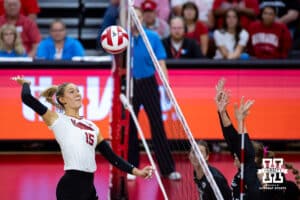 Nebraska Cornhusker Andi Jackson (15) spikes the ball against the Wright State Raiders in the third set during a college volleyball match on Friday, September 5, 2025 in Lincoln, NE. Photo by John S. Peterson.