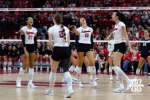 Nebraska Cornhuskers celebrates a kill against the Wright State Raiders in the third set during a college volleyball match on Friday, September 5, 2025 in Lincoln, NE. Photo by John S. Peterson.Nebraska Cornhuskers celebrates a kill against the Wright State Raiders in the third set during a college volleyball match on Friday, September 5, 2025 in Lincoln, NE. Photo by John S. Peterson.