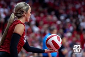Nebraska Cornhusker Laney Choboy (6) serves the ball against the Wright State Raiders in the third set during a college volleyball match on Friday, September 5, 2025 in Lincoln, NE. Photo by John S. Peterson.