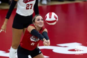 Nebraska Cornhusker Laney Choboy (6) digs the ball against the Wright State Raiders in the second set during a college volleyball match on Friday, September 5, 2025 in Lincoln, NE. Photo by John S. Peterson.
