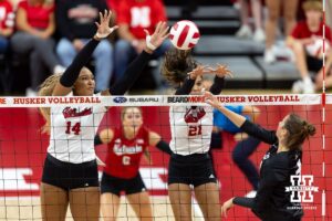 Nebraska Cornhuskers Manaia Ogbechie (14) and Skyler Pierce (21) block the ball against Wright State during a college volleyball match on Friday, September 5, 2025 in Lincoln, NE. Photo by John S. Peterson.