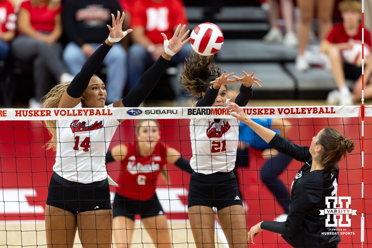 Nebraska Football v Wright State | September 5, 2025 Nebraska Cornhuskers Manaia Ogbechie (14) and Skyler Pierce (21) block the ball against Wright State during a college volleyball match on Friday, September 5, 2025 in Lincoln, NE. Photo by John S. Peterson.
