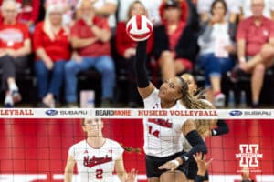 Nebraska Cornhusker Manaia Ogbechie (14) spikes the ball against Wright State during a college volleyball match on Friday, September 5, 2025 in Lincoln, NE. Photo by John S. Peterson.