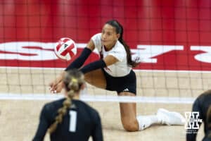 Nebraska Cornhusker Harper Murray (27) passes the ball against the Wright State Raiders in the second set during a college volleyball match on Friday, September 5, 2025 in Lincoln, NE. Photo by John S. Peterson.3