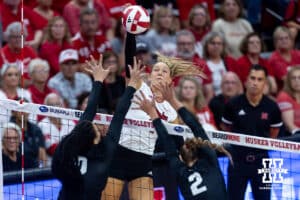 Nebraska Cornhusker Andi Jackson (15) spikes the ball against the Wright State Raiders in the second set during a college volleyball match on Friday, September 5, 2025 in Lincoln, NE. Photo by John S. Peterson.
