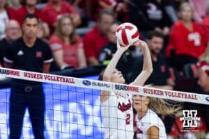 Nebraska Cornhusker Bergen Reilly (2) sets the ball against the Wright State Raiders in the second set during a college volleyball match on Friday, September 5, 2025 in Lincoln, NE. Photo by John S. Peterson.