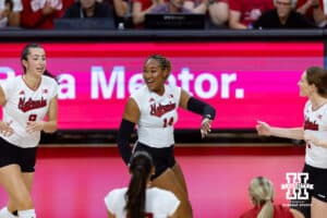 Nebraska Cornhusker Manaia Ogbechie (14) celebrates a kill against the Wright State Raiders in the second set during a college volleyball match on Friday, September 5, 2025 in Lincoln, NE. Photo by John S. Peterson.