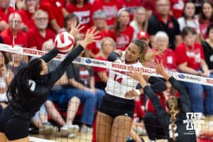 Nebraska Cornhusker Manaia Ogbechie (14) spikes the ball against Wright State during a college volleyball match on Friday, September 5, 2025 in Lincoln, NE. Photo by John S. Peterson.