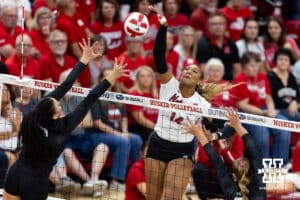Nebraska Cornhusker Manaia Ogbechie (14) spikes the ball against Wright State during a college volleyball match on Friday, September 5, 2025 in Lincoln, NE. Photo by John S. Peterson.