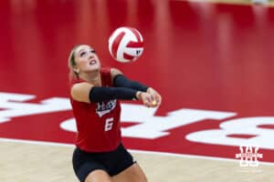 Nebraska Cornhusker Laney Choboy (6) digs the ball against the Wright State Raiders in the first set during a college volleyball match on Friday, September 5, 2025 in Lincoln, NE. Photo by John S. Peterson.
