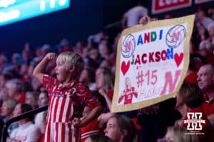 Nebraska Cornhuskers fans flexes cheering for the Huskers against the Wright State Raiders during a college volleyball match on Friday, September 5, 2025 in Lincoln, NE. Photo by John S. Peterson.