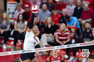 Nebraska Cornhusker Teraya Sigler (11) spikes the ball against the Wright State Raiders in the first set during a college volleyball match on Friday, September 5, 2025 in Lincoln, NE. Photo by John S. Peterson.