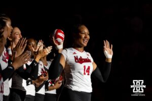 Nebraska Cornhusker Manaia Ogbechie (14) waves to the fans during introduction before taking on Wright State Raiders during a college volleyball match on Friday, September 5, 2025 in Lincoln, NE. Photo by John S. Peterson.