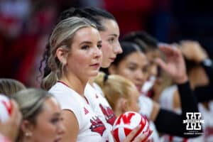 Nebraska Cornhusker Kenna Cogill (8) lines up for introductions against the Wright State Raiders during a college volleyball match on Friday, September 5, 2025 in Lincoln, NE. Photo by John S. Peterson.