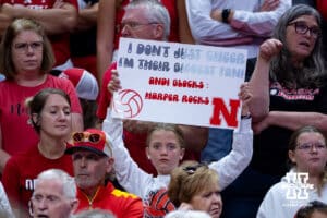 Nebraska Cornhuskers fan holding up a sign during a college volleyball match against the Wright State Raiders on Friday, September 5, 2025 in Lincoln, NE. Photo by John S. Peterson.