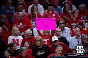 Nebraska Cornhuskers fan holding up a sign during a college volleyball match against the Wright State Raiders on Friday, September 5, 2025 in Lincoln, NE. Photo by John S. Peterson.