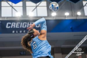 Creighton Bluejay Jaya Johnson #6 goes for a spike during a volleyball match against DePaul on Friday, October 31, 2025, in Omaha, Nebraska. Photo by Brandon Tiedemann.