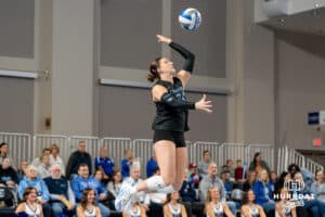 Creighton Bluejay Sydney Breissinger #24 serves the ball during a volleyball match against DePaul on Friday, October 31, 2025, in Omaha, Nebraska. Photo by Brandon Tiedemann.
