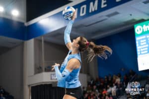 Creighton Bluejay Ava Martin #8 hits the ball during a volleyball match against DePaul on Friday, October 31, 2025, in Omaha, Nebraska. Photo by Brandon Tiedemann.