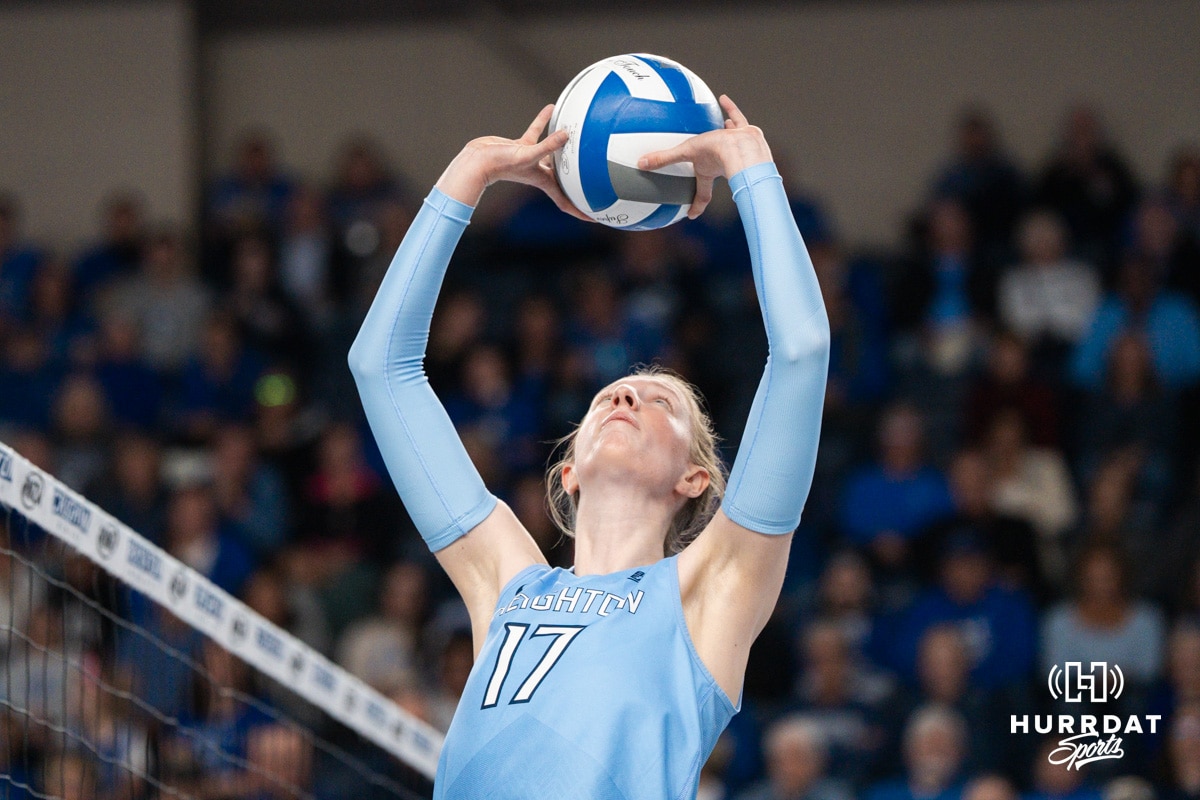 Creighton Bluejay Annalea Maeder #17 sets up a spike during a volleyball match against DePaul on Friday, October 31, 2025, in Omaha, Nebraska. Photo by Brandon Tiedemann.