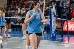 Creighton Bluejay Nora Wurtz #19 smiles after an ace during a volleyball match against DePaul on Friday, October 31, 2025, in Omaha, Nebraska. Photo by Brandon Tiedemann.