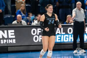 Creighton Bluejay Sydney Breissinger #24 smiles while checking in during a volleyball match against DePaul on Friday, October 31, 2025, in Omaha, Nebraska. Photo by Brandon Tiedemann.
