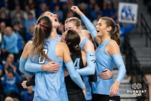 Creighton Bluejays celebrate a point during a volleyball match against DePaul on Friday, October 31, 2025, in Omaha, Nebraska. Photo by Brandon Tiedemann.