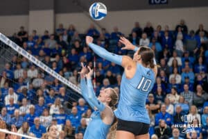 Creighton Bluejay Eloise Brandewie #10 waits to hit a Annalea Maeder #17 pass during a volleyball match against DePaul on Friday, October 31, 2025, in Omaha, Nebraska. Photo by Brandon Tiedemann.