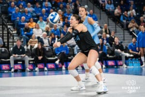 Creighton Bluejay Sydney Breissinger #24 catches the serve during a volleyball match against DePaul on Friday, October 31, 2025, in Omaha, Nebraska. Photo by Brandon Tiedemann.