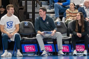 Creighton Bluejay head coach Brian Rosen smiles during a volleyball match against DePaul on Friday, October 31, 2025, in Omaha, Nebraska. Photo by Brandon Tiedemann.