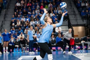 Creighton Bluejay Ivy Leuck #7 serves during a volleyball match against DePaul on Friday, October 31, 2025, in Omaha, Nebraska. Photo by Brandon Tiedemann.