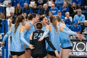 Creighton Bluejays celebrate a point during a volleyball match against DePaul on Friday, October 31, 2025, in Omaha, Nebraska. Photo by Brandon Tiedemann.