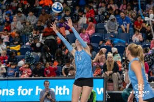 Creighton Bluejay Annalea Maeder #17 sets the ball during a volleyball match against DePaul on Friday, October 31, 2025, in Omaha, Nebraska. Photo by Brandon Tiedemann.