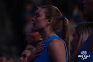 Creighton Bluejay Kiara Reinhardt #5 breaths during the anthem before a volleyball match against DePaul on Friday, October 31, 2025, in Omaha, Nebraska. Photo by Brandon Tiedemann.