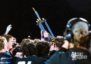 Elkhorn North celebrating as a team after huge win against Bennington after a high school football game against Bennington on Thursday, October 23, 2025 in Omaha, Nebraska. Photo By Jack Stephens.