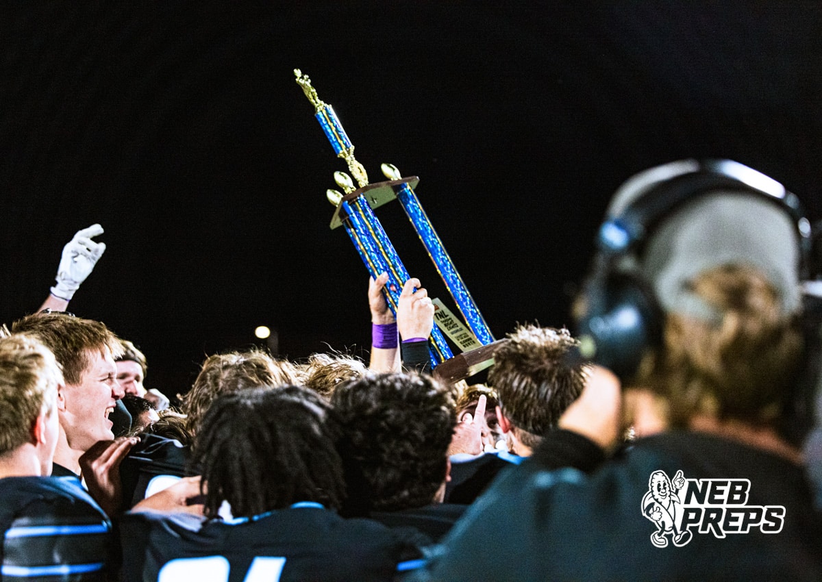 Elkhorn North celebrating as a team after huge win against Bennington after a high school football game against Bennington on Thursday, October 23, 2025 in Omaha, Nebraska. Photo By Jack Stephens.