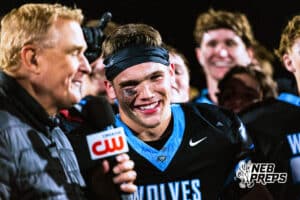 Elkhorn Norths Ethan Beachy (5) is getting interviewed after huge win against Bennington after a high school football game on Thursday, October 23, 2025 in Omaha, Nebraska. Photo By Jack Stephens.