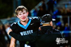 Elkhorn Norths Jase Reynolds (2) is emotional after winning a high school football game against Bennington on Thursday, October 23, 2025 in Omaha, Nebraska. Photo By Jack Stephens.