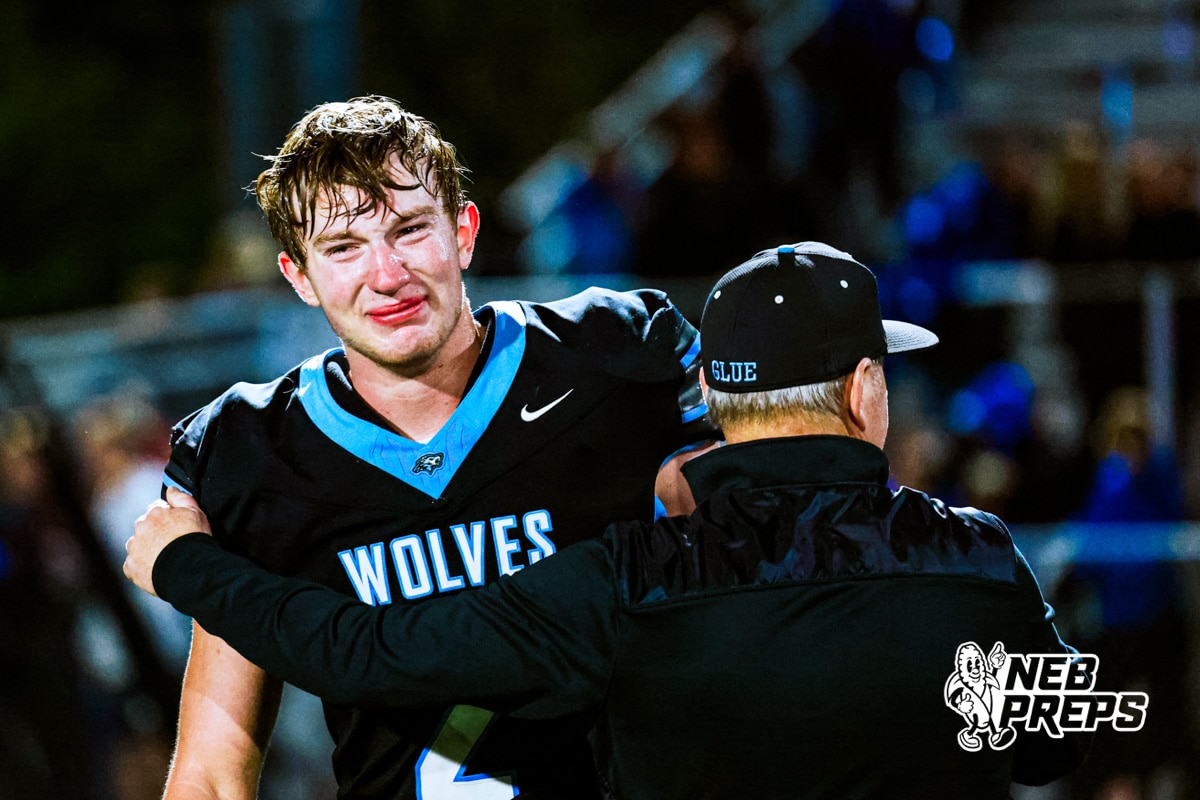 Elkhorn Norths Jase Reynolds (2) is emotional after winning a high school football game against Bennington on Thursday, October 23, 2025 in Omaha, Nebraska. Photo By Jack Stephens.