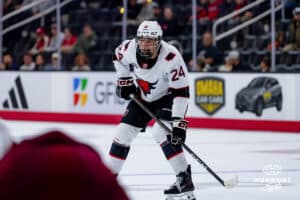 Omaha Maverick Marc Lajoie waits for the action to begin against the UMass Minutemen during a hockey match at Baxter Arena on October 24th, 2025, in Omaha, Nebraska. Photo by Collin Stilen.