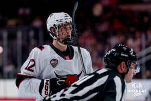 Omaha Maverick Luke Woodworth waits for the action to begin against the UMass Minutemen during a hockey match at Baxter Arena on October 24th, 2025, in Omaha, Nebraska. Photo by Collin Stilen.