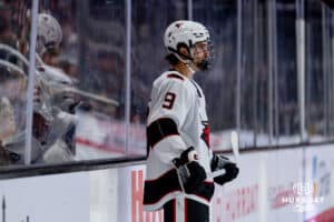 Omaha Maverick Cameron Briere waits for the faceoff to happen against the UMass Minutemen during a hockey match at Baxter Arena on October 24th, 2025, in Omaha, Nebraska. Photo by Collin Stilen.
