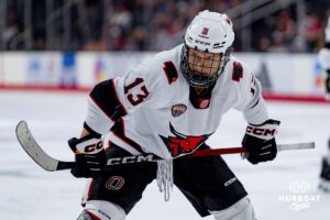 Omaha Maverick Jacob Slipec readies himself for the faceoff against the UMass Minutemen during a hockey match at Baxter Arena on October 24th, 2025, in Omaha, Nebraska. Photo by Collin Stilen.