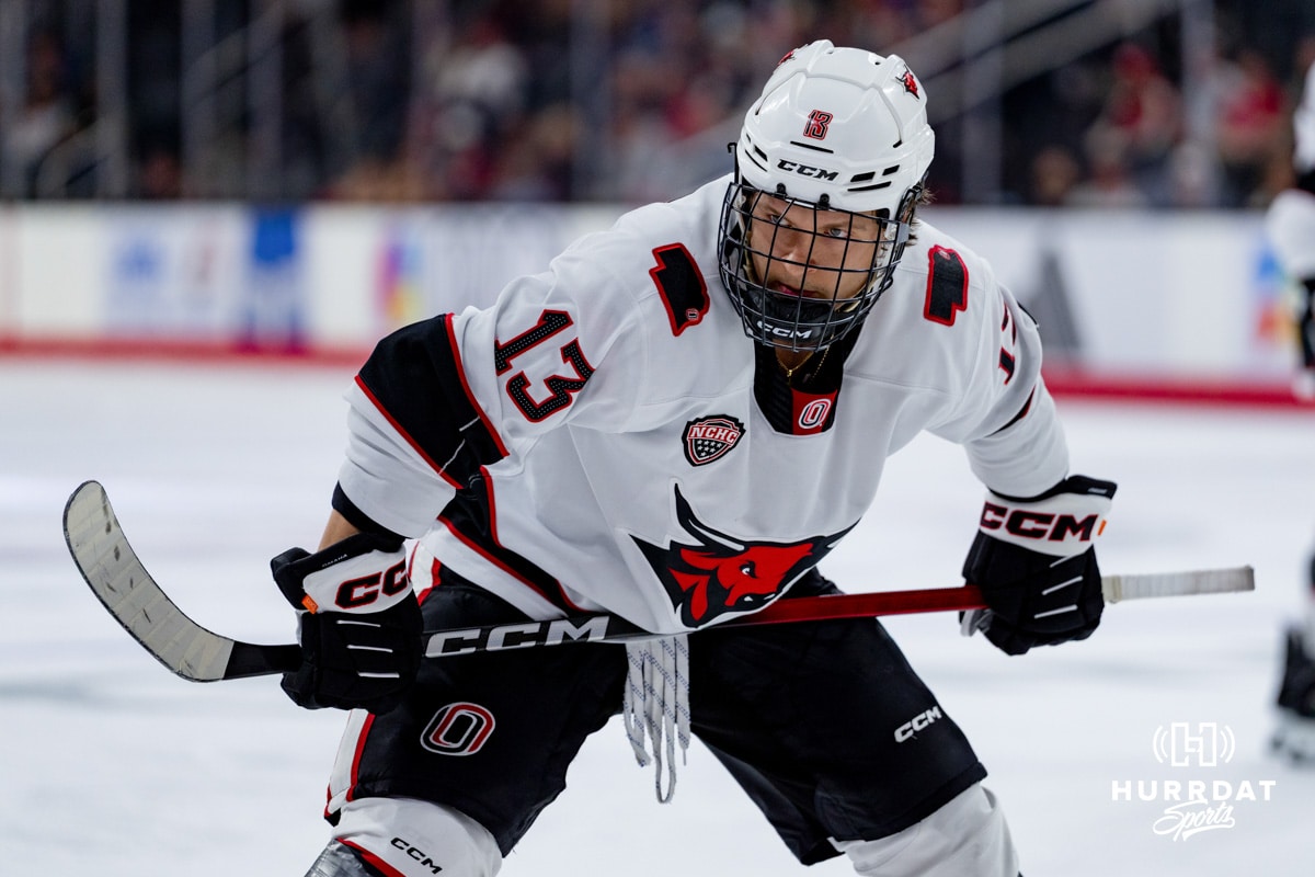 Omaha Maverick Jacob Slipec readies himself for the faceoff against the UMass Minutemen during a hockey match at Baxter Arena on October 24th, 2025, in Omaha, Nebraska. Photo by Collin Stilen.