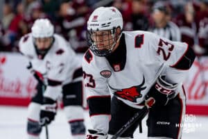 Omaha Maverick Maxime Pellerin prepares for the faceoff against the UMass Minutemen during a hockey match at Baxter Arena on October 24th, 2025, in Omaha, Nebraska. Photo by Collin Stilen.