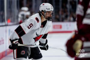 Omaha Maverick Cameron Briere is ready for the faceoff against the UMass Minutemen during a hockey match at Baxter Arena on October 24th, 2025, in Omaha, Nebraska. Photo by Collin Stilen.