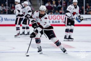 Omaha Maverick Griffin Ludtke moves down the ice against the UMass Minutemen during a hockey match at Baxter Arena on October 24th, 2025, in Omaha, Nebraska. Photo by Collin Stilen.