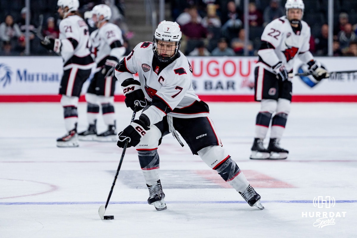 Omaha Maverick Griffin Ludtke moves down the ice against the UMass Minutemen during a hockey match at Baxter Arena on October 24th, 2025, in Omaha, Nebraska. Photo by Collin Stilen.