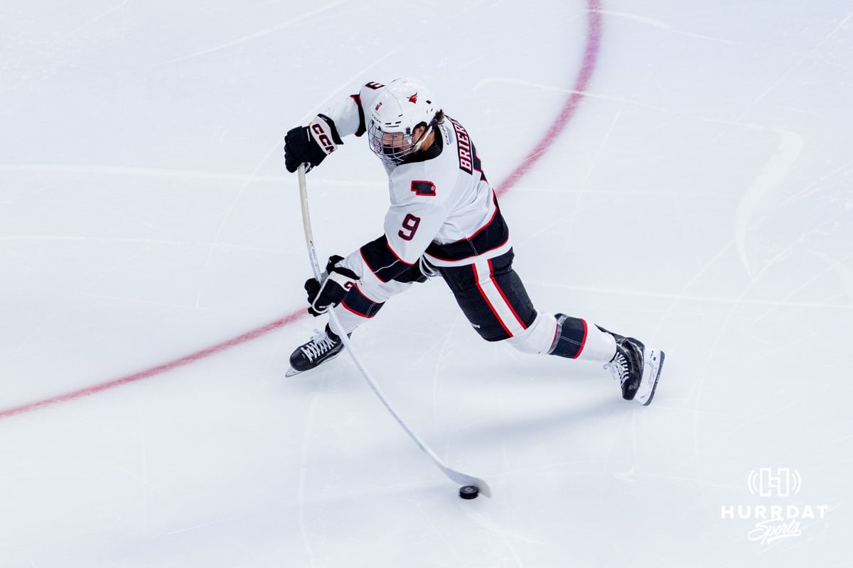 Omaha Maverick Cameron Briere takes a shot against the UMass Minutemen during a hockey match at Baxter Arena on October 24th, 2025, in Omaha, Nebraska. Photo by Collin Stilen.